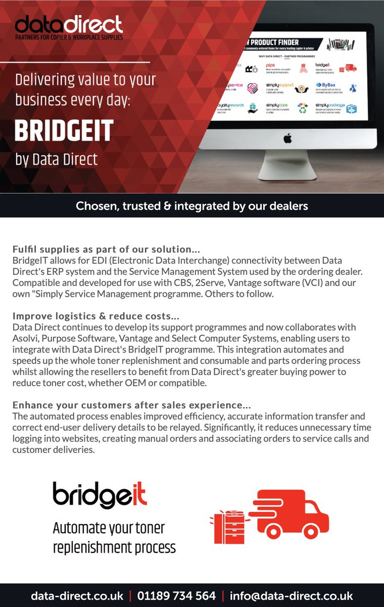 Automate your #toner replenishment process with BridgeIT by Data Direct - delivering value to your business every day.
BridgeIT helps you improve logistics, reduce costs and enhance your customers after sales experience.
data-direct.co.uk/partner-progra…
#datadirect #connectivity #copier