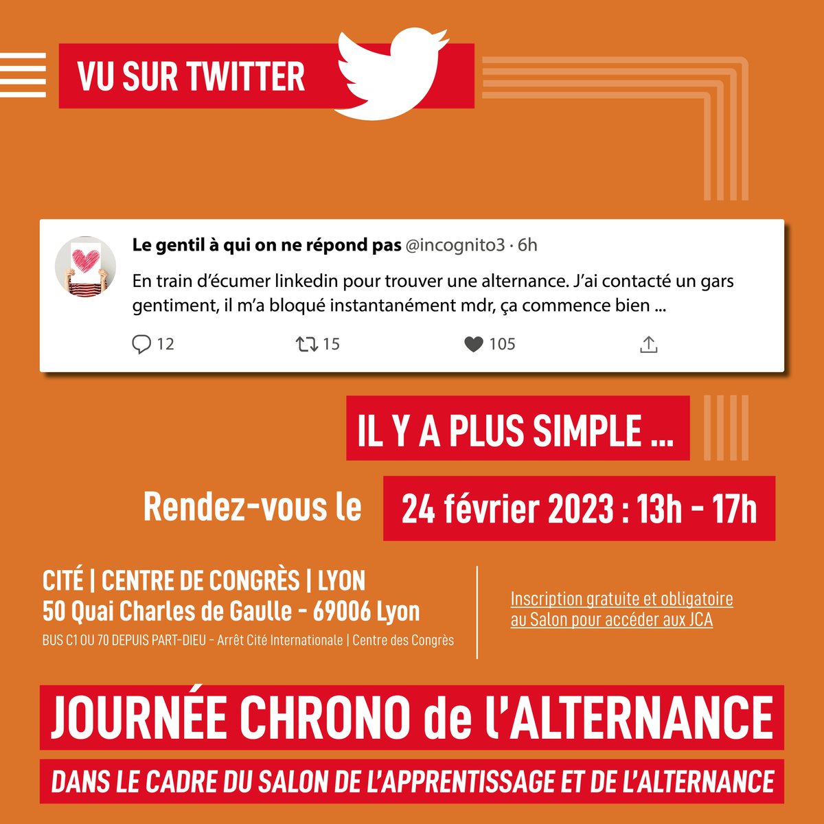 MMIE_LyonMetrop's tweet photo. 👀 #vusurtwitter un gentil à qui on ne répond pas ! 😅

👉 Tu es dans le même cas que lui ? Rendez-vous le 24 février de 13h à 17h à la Cité de Congrès de #Lyon !

🔎 Découvre les offres d'emploi et rencontre des entreprises qui sont à la recherche de leurs futurs talents ! https://t.co/J4tqaYcqVv