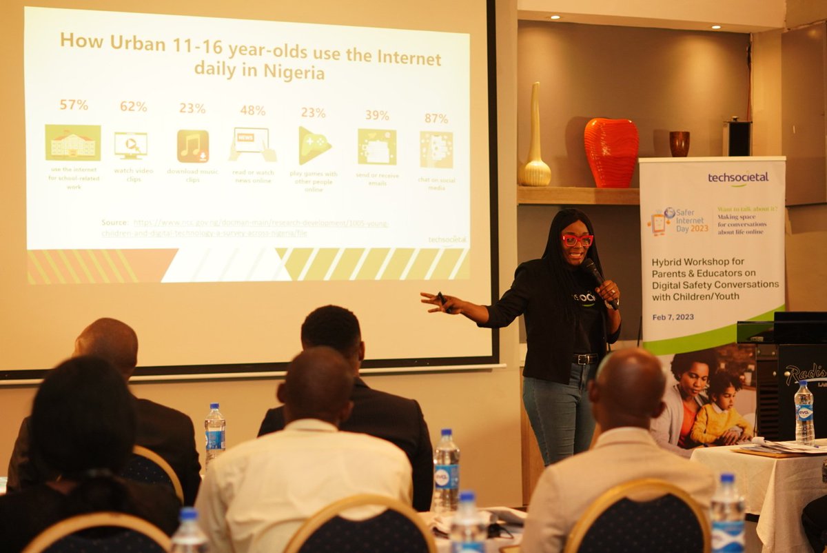 #SID23 TechSocietal's Executive Director @Tope_Ogundipe kicks off the Safer Internet Day 2 Workshop with educators, schools and CSOs today at Radisson Hotel, speaking to the Internet habits of Nigerian children and building their resilience for safety and privacy online.