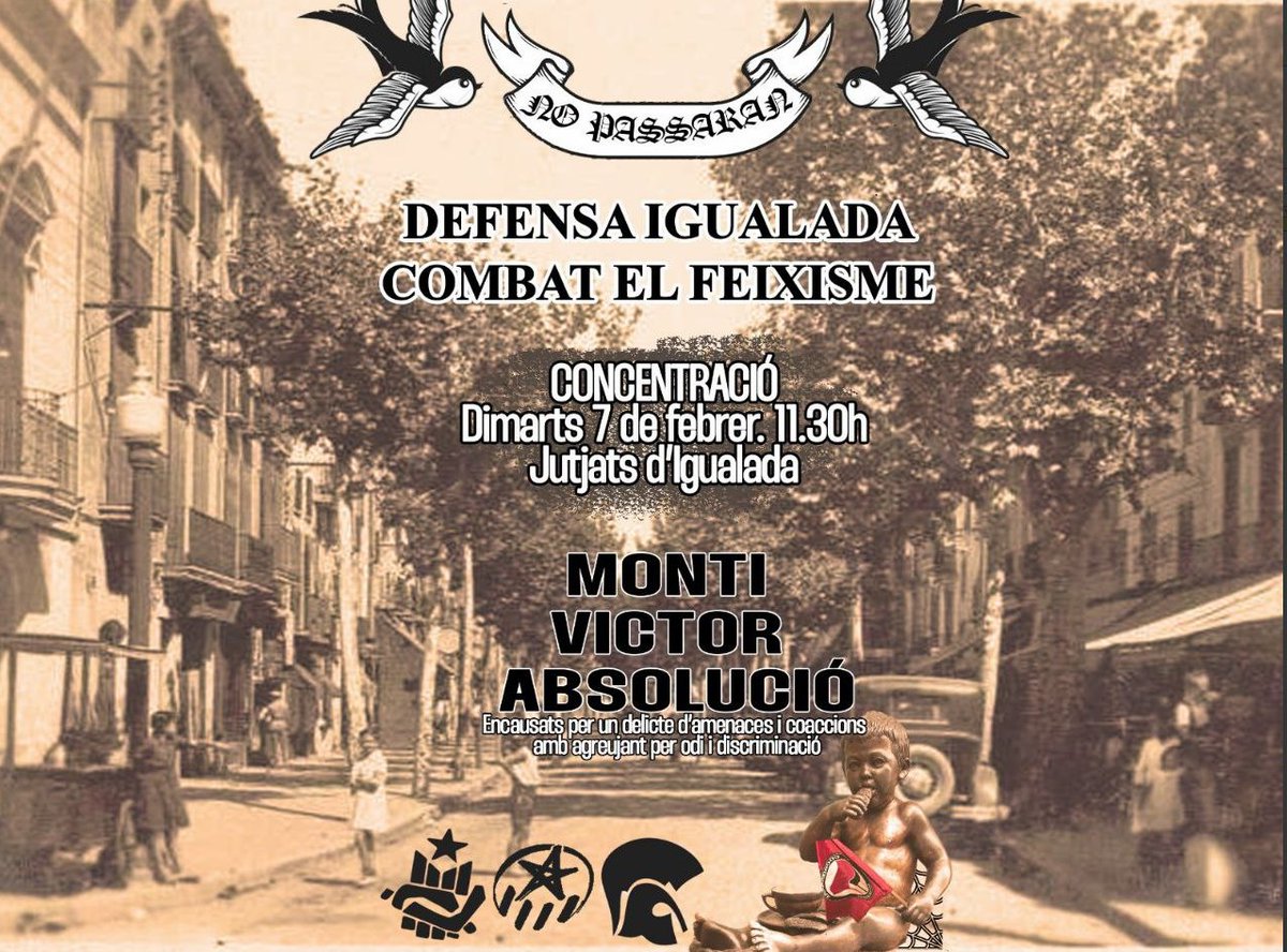 ⚠️ En Monti i en Víctor han entrat al judici per haver mostrat el seu rebuig a un grup feixista que volia difondre l'odi pels carrers d'Igualada

✊ Però lluny d'atemorir-nos, amb els companys al carrer, hem reiterat que plantarem cara al feixisme, a Igualada i on faci falta!!!