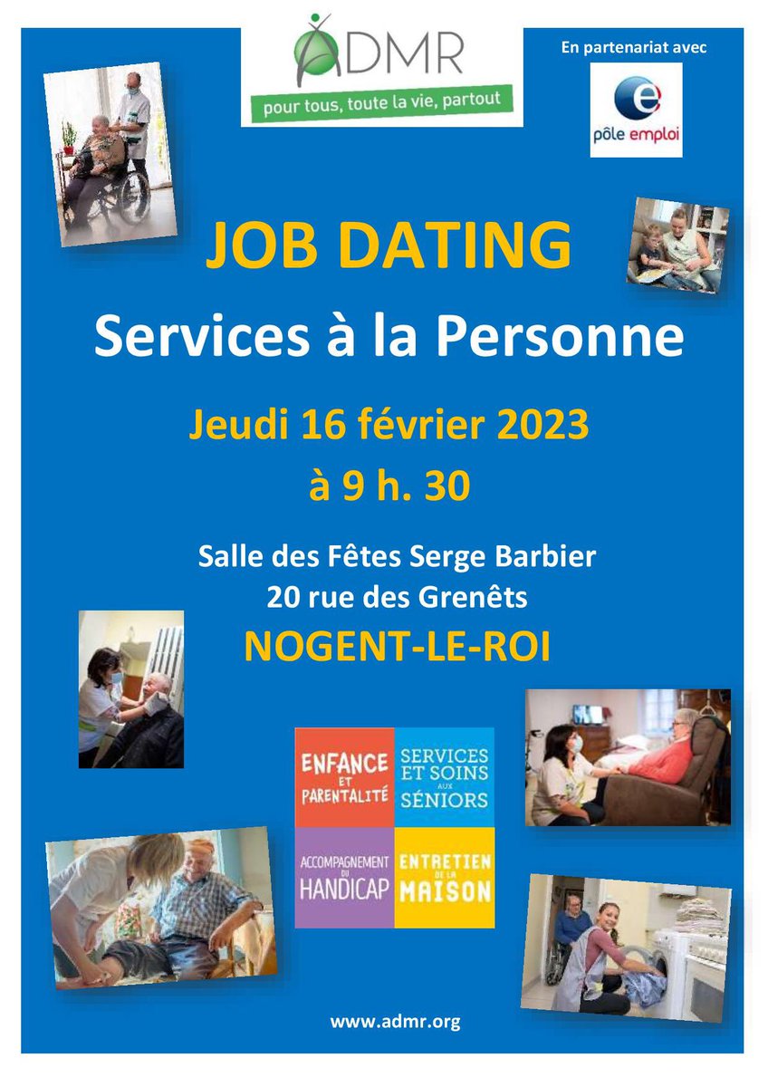 [AGENDA]
🔜La <a href="/FD_ADMR_28/">ADMR EURE ET LOIR</a> organise en partenariat #AvecPoleEmploi de #Vernouillet28 et de #Dreux, un #jobdating #servicesàlapersonne :
🗓️le jeudi 1️⃣6️⃣ février à 9h30
🎯Poste : #Aidesàdomicile 
✅#formation 🎓
✅#CDI 🤝
ℹ️ mesevenementsemploi.pole-emploi.fr/mes-evenements…
<a href="/ValLefrancois28/">Lefrançois Valérie</a> <a href="/Viollier_E/">© Emmanuel VIOLLIER ™</a>