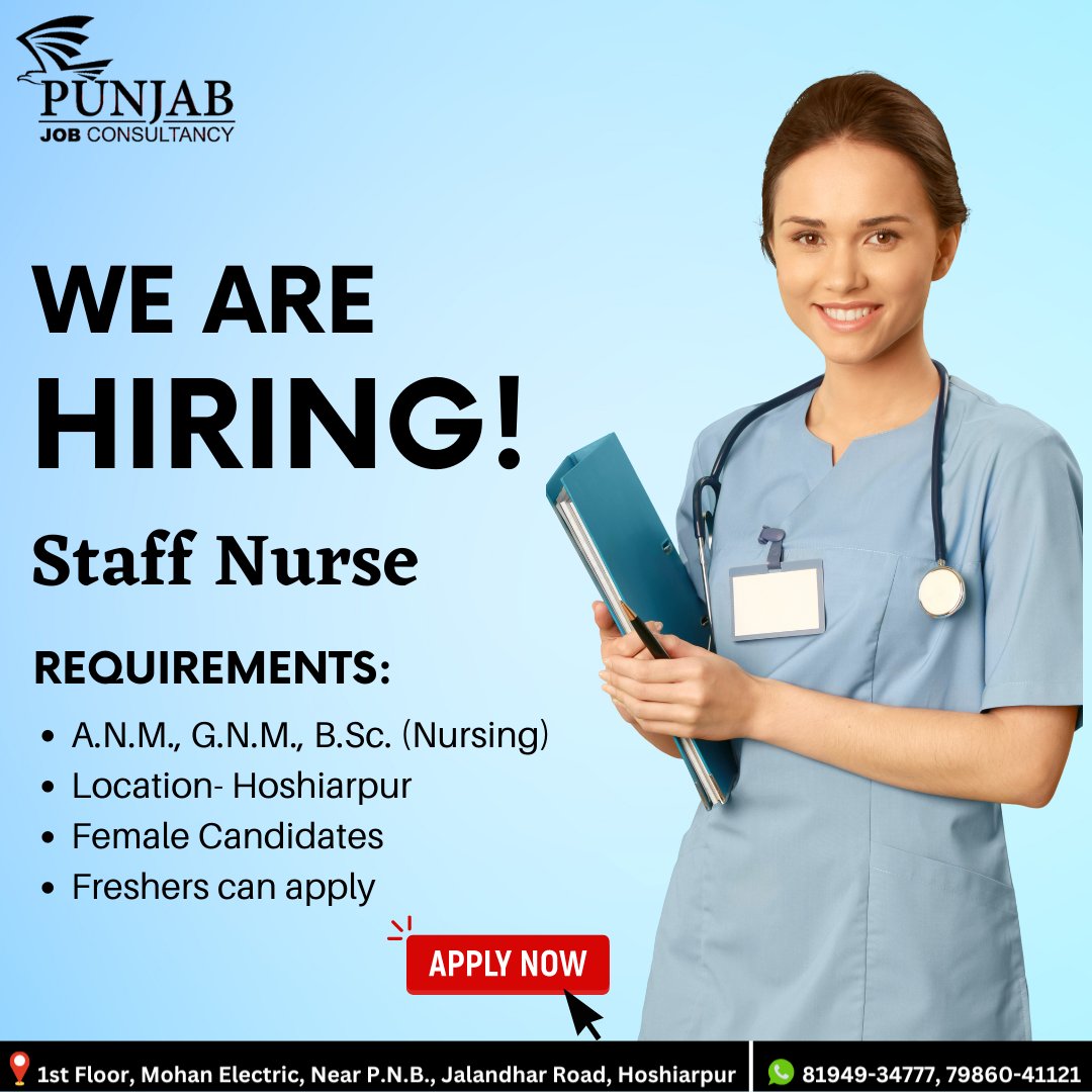 Now Hiring #StaffNurse
📌 Location: Hoshiarpur
✅ Female Candidates
Share your CV with punjabjobconsultancy@gmail.com
📞 +91 81949-34777, 79860-41121
#Nurse #StaffNurse #LabTechnician #PunjabJobs #JobsinHoshiarpur #PunjabJobConsultancy