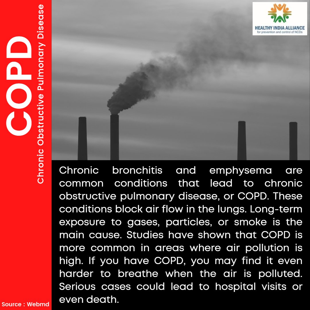 Exposure to #indoorairpollution, #outdoorairpollution and #occupational dusts & chemicals increase your risk of developing #COPD,#lowerrespiratoryinfections, #lungcancer and many such lung diseases. There is an urgent need to tackle this #healthcrisis from the root.