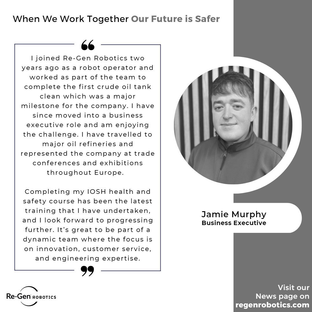 Meet the team…

Jamie Murphy is our Business Executive.

#regenrobotics #regenwaste #robotics #tankcleaning #robotictankcleaning #healthandsafety #innovation #ourfutureissafer #oil #gas #technicaldesign #manufacture #safety #sustainability #designengineer #businessdevelopment