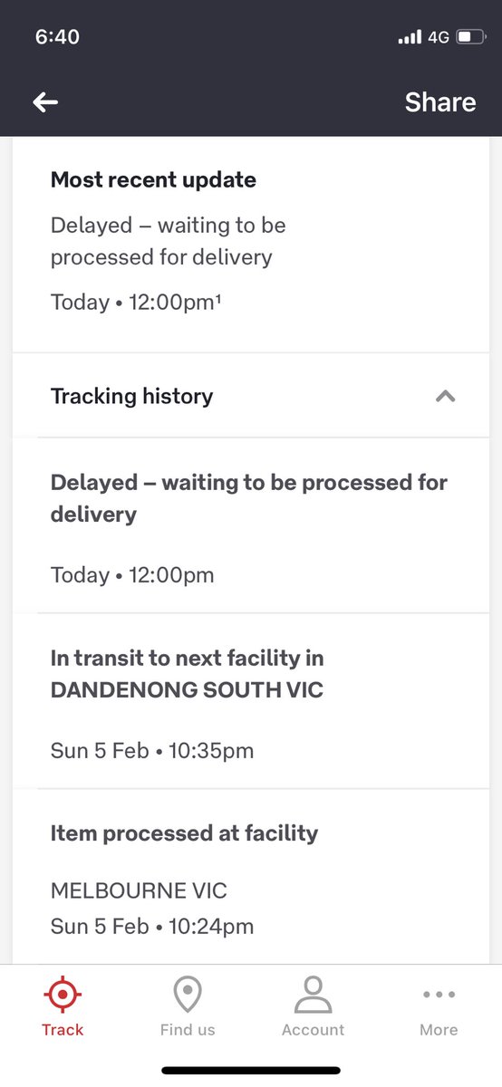 mac19620's tweet image. @auspost how do you go from being delivered to next faculty and expected delivery on Monday to delayed and still waiting to be processed and no delivery date ??