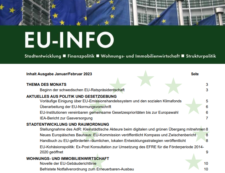 DV_Stadt's tweet photo. Die neue Ausgabe des #EUInfo 🇪🇺 ist online! https://t.co/l0XqJwW9F7
Thema des Monats: Beginn der schwedischen Ratspräsidentschaft @sweden2023eu.
Außerdem u.a.: 1. Call des @URBACT-Programms & Konsultation zur Umsetzung des EFRE für Förderperiode 2014-2020 geöffnet. https://t.co/OyHFDpyuD9