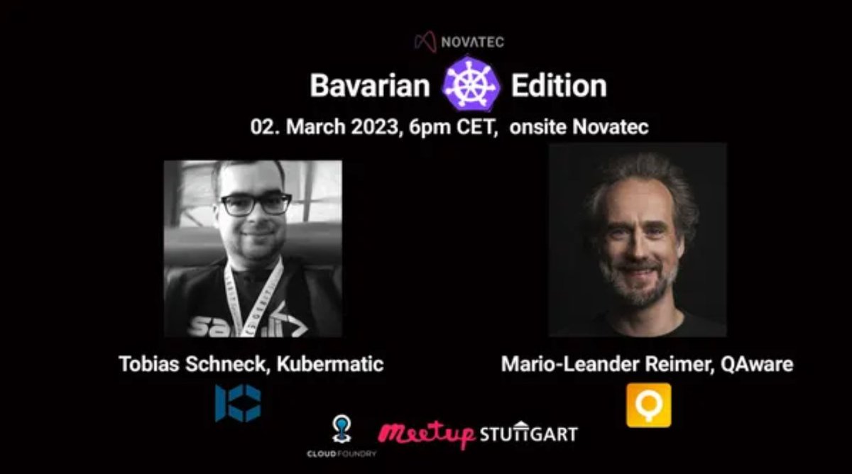 qaware's tweet image. #CloudNativeNerd-s in #Stuttgart! Join the next @cloudfoundry meetup: Tobias Schneck &amp;amp; @LeanderReimer will talk about setting up HA #Kubernetes Cluster w/ #KubeOne &amp;amp; #K8s-native Quality Assurance of #Microservices w/ #Testkube: bit.ly/3wXgcYD
@novatecgmbh @Kubermatic