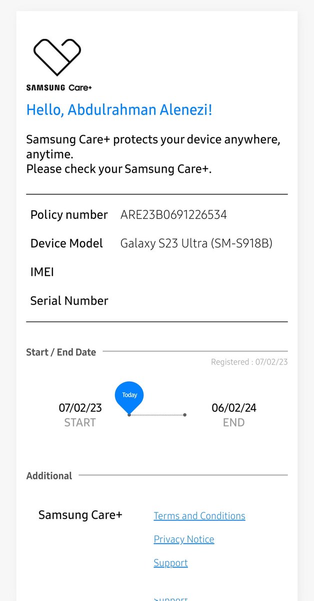 لتفعيل سامسونج كير بلس
ادخل الموقع التالي
samsungcareplus.com

ثم ادخل المعلومات
ورقم ال IMEI
تجده في آخر خيار في الإعدادات في هاتفك
》حول الهاتف
اختر ال IMEI الأول
اختر التاريخ اكمل المعلومات ثم سيصلك ايميل.
