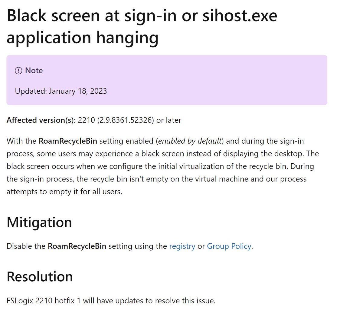 MortenPedholt's tweet photo. FYI!
If you are using #fslogix 2210 (2.9.8361.52326) and users are getting a black screen on sign-on it might because of the roaming of recycle bin. It's listed as known issue, possible fix is to disabled roaming of it. #Microsoft is working on a hotfix. #AVD #Citrix #RDS https://t.co/NV43ALZT7Z