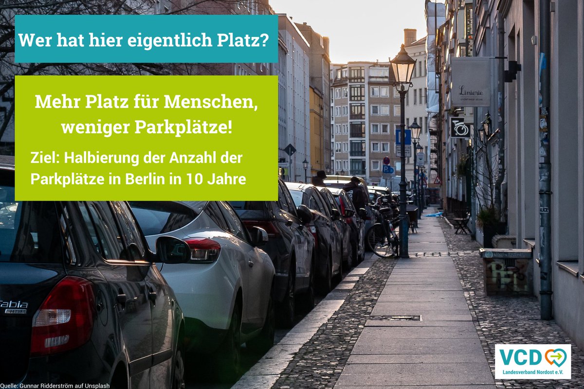 "Die gezielte Umnutzung der begrenzten öffentlichen Flächen ist der Schlüssel zur Mobilitätswende, zur Klimawende und zur menschengerechten Stadt."

Unser 6. Thema zur #Berlinwahl: - Flächengerechtigkeit als Beschleunigung der #Mobilitaetswende:
nordost.vcd.org/startseite/det…