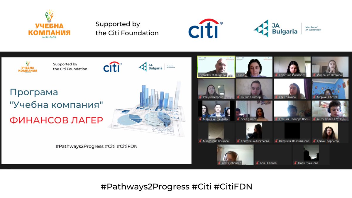 JABulgaria's tweet image. JA Bulgaria and @Citibank Bulgaria are joining teams for today's Financial camp for our #CompanyProgram participants. Mentors and jury from #Citibank will share knowledge and experience with the teams. Thanks to Alexander Denev for making the introduction part! #pathways2progress