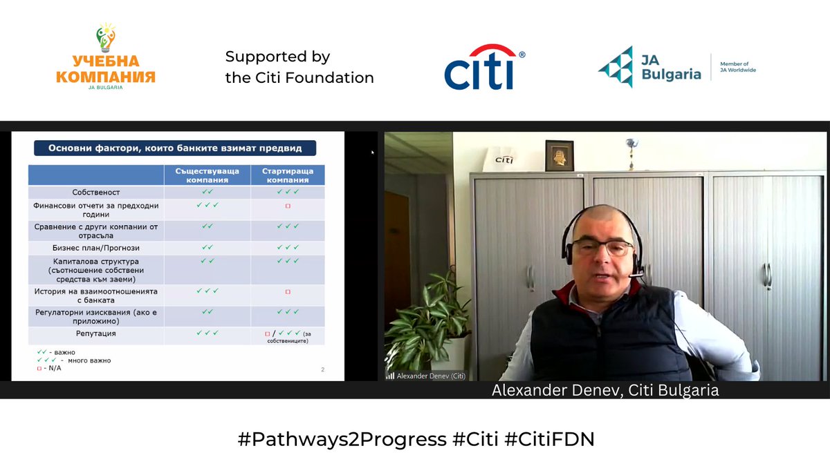 JABulgaria's tweet image. JA Bulgaria and @Citibank Bulgaria are joining teams for today's Financial camp for our #CompanyProgram participants. Mentors and jury from #Citibank will share knowledge and experience with the teams. Thanks to Alexander Denev for making the introduction part! #pathways2progress