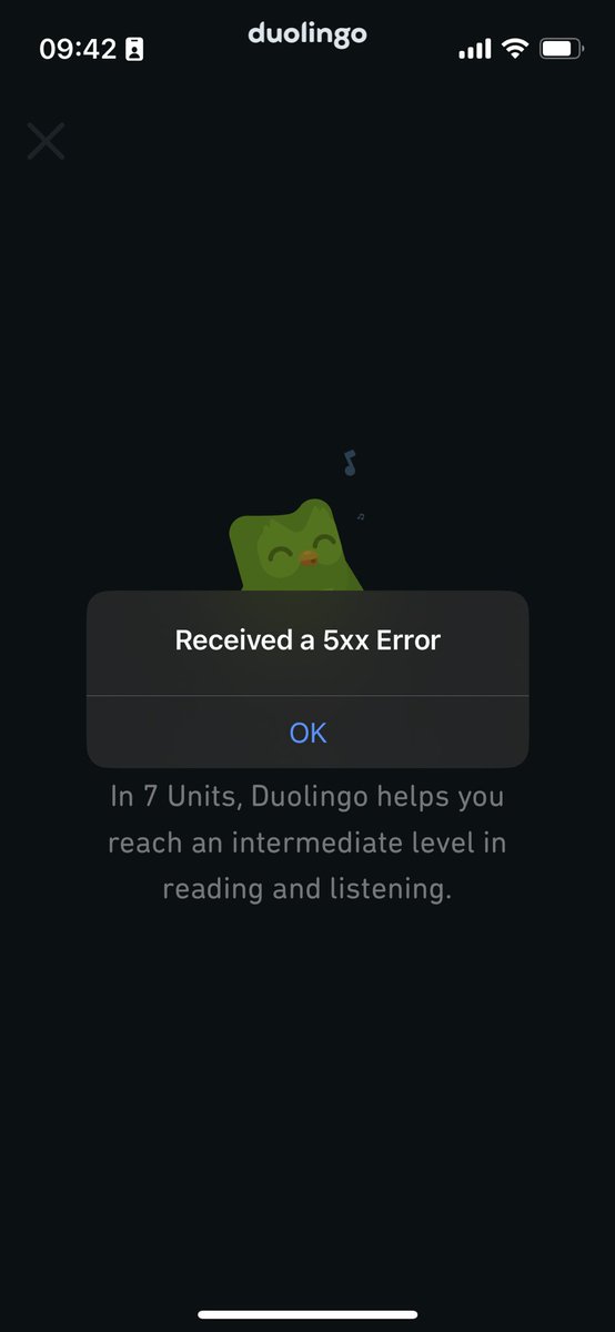 GermanJon's tweet photo. @duolingo I‘m getting 5xx errors when I try to start a lesson. Haven’t logged in to Duolingo in a while. Is this a known issue? Tried over Wi-Fi and 5G, same problem every time. https://t.co/WRriL2HVz1