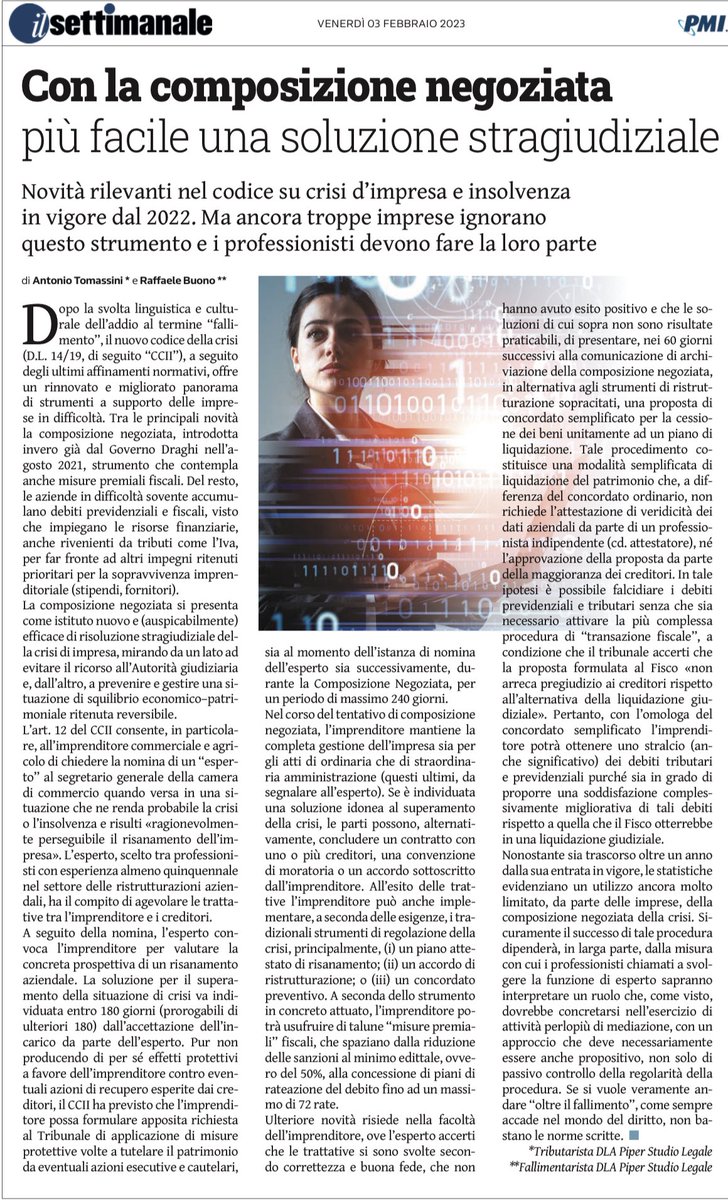 Anto_Tomassini's tweet photo. Nell’ambito dell’inchiesta sul sovra indebitamento de #ilsettimanale @PMI_it del direttore @CBrachino il punto sul codice della crisi,con un focus sulla composizione negoziata.Bene l’addio,linguistico e culturale,al termine fallimento,ma occorre far funzionare la nuova macchina https://t.co/FX3vdKR0jB