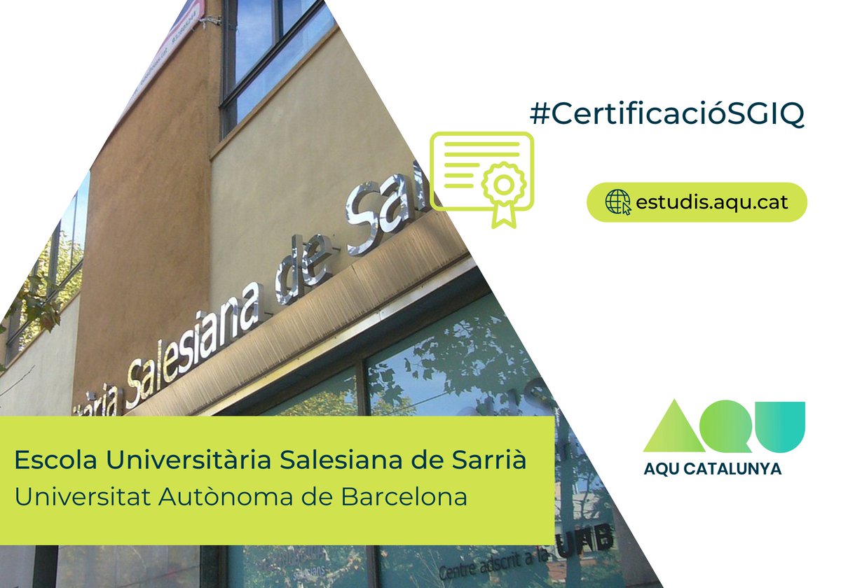 aqucatalunya's tweet photo. ✅ Certifiquem el #SIGQ de l’Escola Universitària Salesiana de Sarrià de la Universitat Autònoma de Barcelona 👉 https://t.co/3hVxMWcCRF
Enhorabona @EUSSenginyeria i @UABbarcelona !
Per a més informació sobre la qualitat dels estudis, visiteu 👉 https://t.co/8LqYUg3zXw https://t.co/1lNOoOZF8A