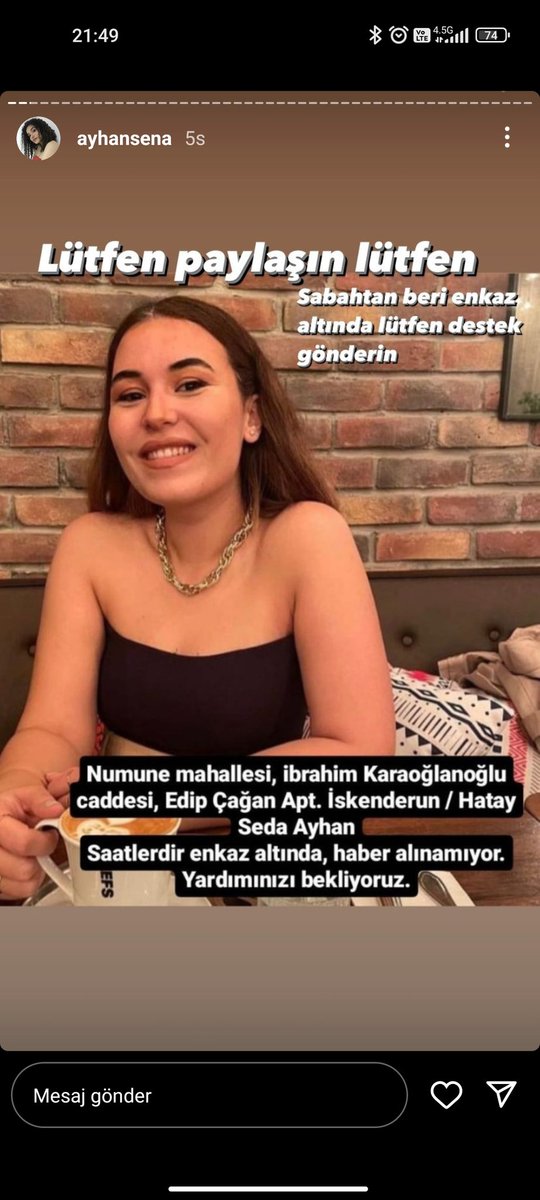 #sedaayhan <a href="/AFADBaskanlik/">AFAD</a> <a href="/AFADHatay/">AFAD HATAY</a> <a href="/DepremDairesi/">AFAD Deprem</a> lütfen yardım edin 30 saati geçti lütfen