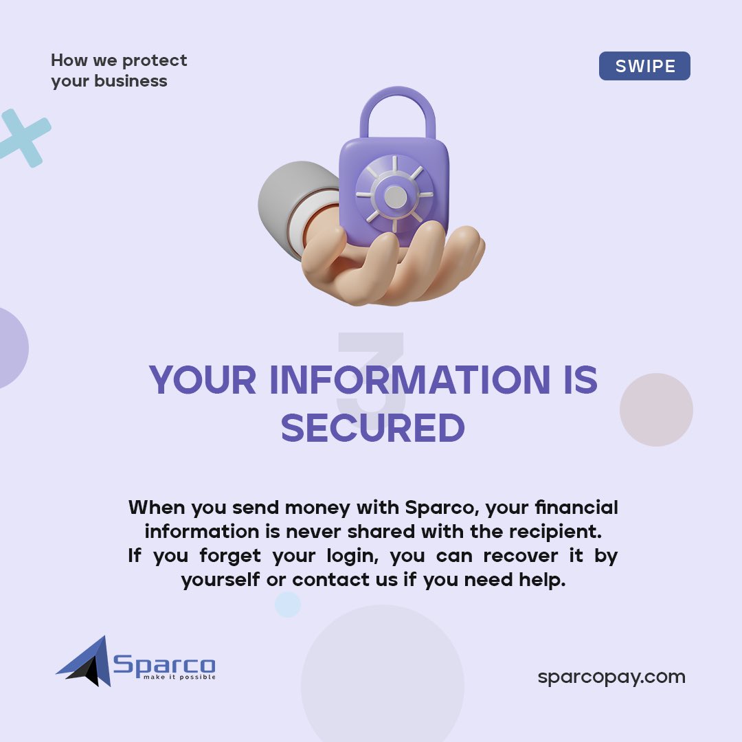 SparcoInc_'s tweet photo. Security is not just a buzzword at Sparco 🔐 

Rest assured that your information and money are in safe hands.

We are committed to the success of business 💯

#sparco #crossborderpayment #Nigeria #lagos #kano #africa #internationalpayment #import #export #naijabusiness https://t.co/Fn51r3DUUC
