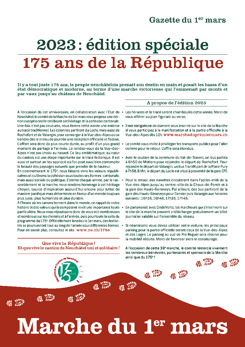 Etat_Neuchatel's tweet photo. #175e #République #Neuchâtel
Toutes les informations et les détails de l'édition anniversaire de la Marche du 1er mars sont à retrouver sur le site https://t.co/bPUxiROLmX.
Les inscriptions (marche + cérémonie/repas) sont obligatoires. @Jura3Lacs https://t.co/fUNeo1MAwE