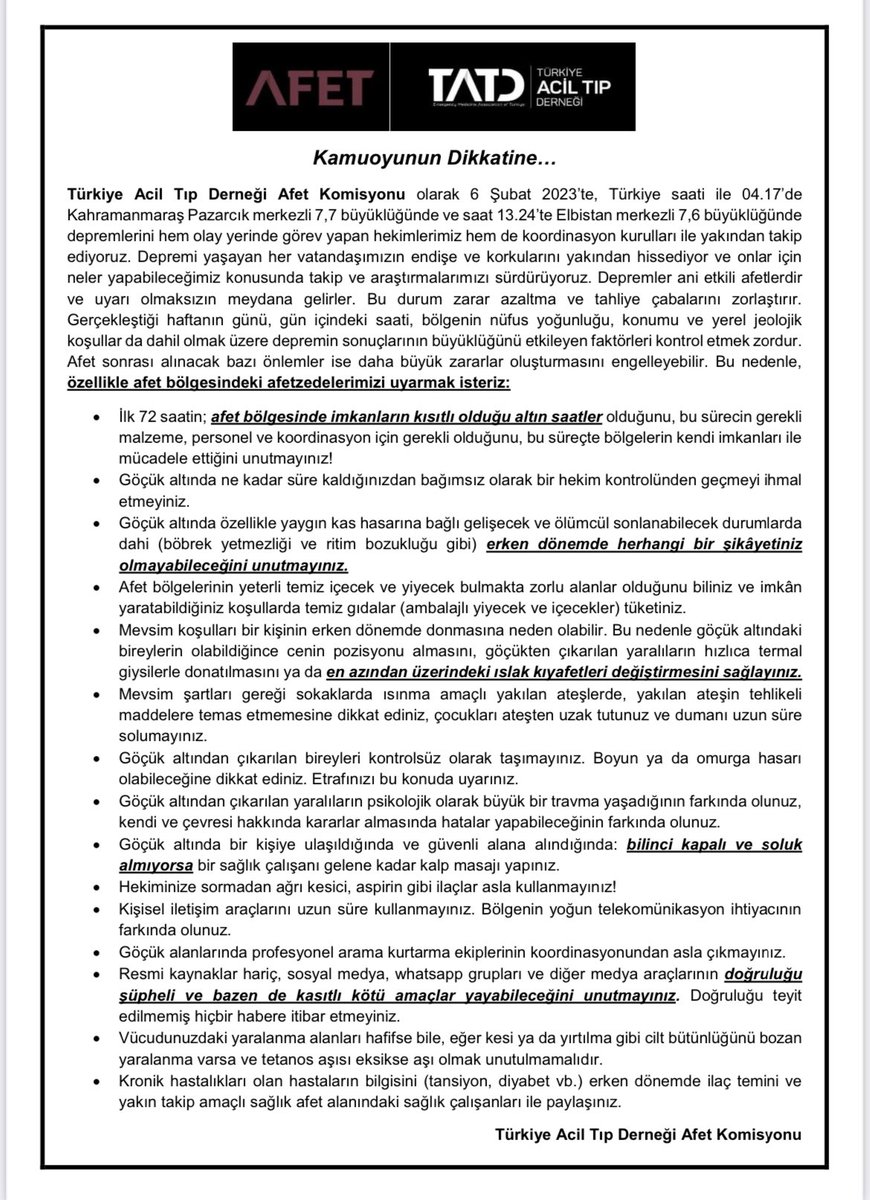 Türkiye Acil Tıp Derneği Afet Komisyonu'ndan <a href="/AfetTatd/">TATD AFET</a> <a href="/Onur_Karakayali/">Onur Karakayalı</a>