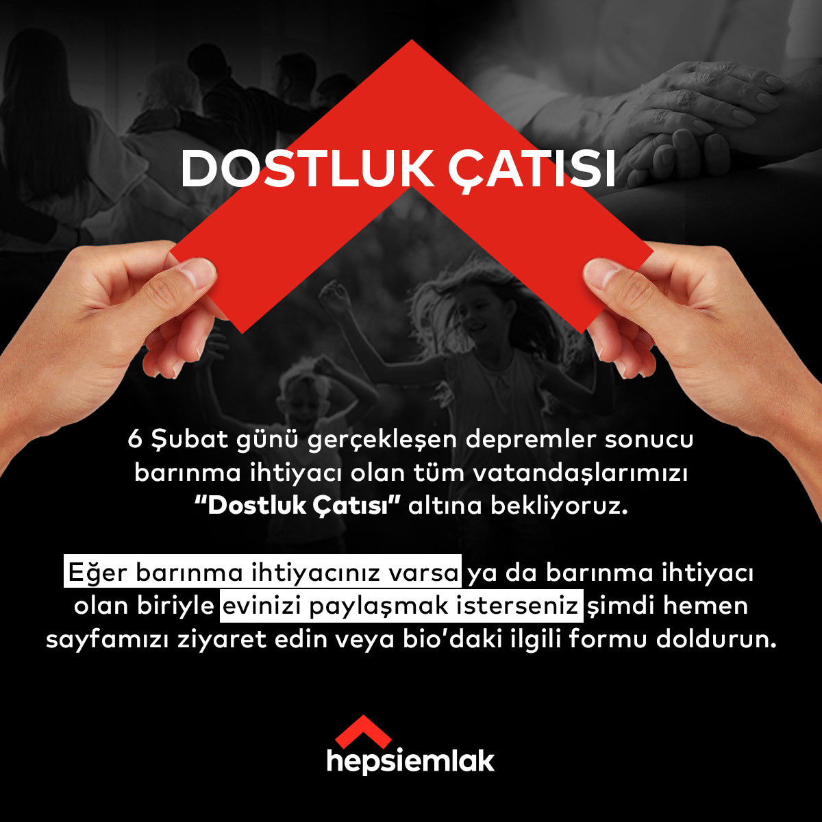 hepsiemlak (@hepsiemlakcom) on Twitter photo Deprem bölgelerinde dışarıda kalan insanlara evlerinizi açmak ya da kalacak yer bulmak için sayfadaki formu doldurabilirsiniz:
bit.ly/40xMwPx
#dostlukçatısı
<a href="/hepsiemlakcom/">hepsiemlak</a>
#deprem #hatay #gaziantep #diyarbakır #kahramanmaraş #malatya #adıyaman Deprem bölgelerinde dışarıda kalan insanlara evlerinizi açmak ya da kalacak yer bulmak için sayfadaki formu doldurabilirsiniz:
bit.ly/40xMwPx
#dostlukçatısı
<a href="/hepsiemlakcom/">hepsiemlak</a>
#deprem #hatay #gaziantep #diyarbakır #kahramanmaraş #malatya #adıyaman