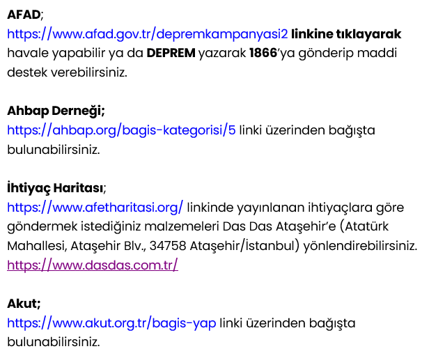BanCoyraz's tweet photo. AFAD;  https://t.co/b49nXteCTO 
Ahbap Derneği; https://t.co/8zaAbbF5Xf
İhtiyaç Haritası;https://t.co/7LDjTWT5oz 
 https://t.co/VNSdDfW0aC
Akut; https://t.co/uHwwlBiWWX 
Kızılay; https://t.co/wW0RZqpgi0
#DEPREM #ADANA #ADIYAMAN #MALATYA #DİYARBAKIR #MARAS #HATAY #ANTEP #URFA https://t.co/rebiJE9GNH