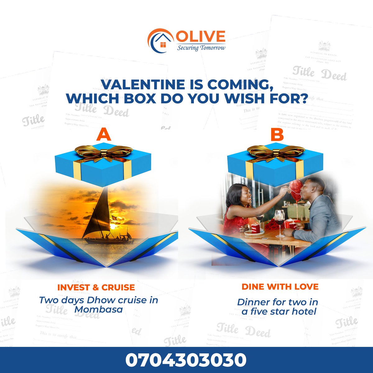 OliveLimited's tweet photo. Let this Valentines be different for you. Surprise your loved one with a fun dhow cruise holiday in Mombasa for 2 days when you pay in cash, or pay an initial deposit of 400K and get a dinner for two in a Five Star hotel within Nairobi.

#olivedelivers
#SecuringTomorrow https://t.co/rIoi1Ej2MW