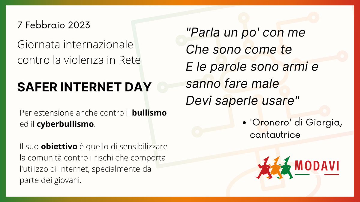 ModaviOnlus's tweet photo. 📆 Oggi è il #SaferInternetDay, giornata internazionale contro la violenza in Rete, per estensione anche contro il bullismo ed il cyberbullismo, istituita dall'Unione Europea nel 2004 e oggi riconosciuta a livello mondiale.
👾
#cyberbullismo #eu #modavi #solidarietà #inclusione https://t.co/Aod957pzUk