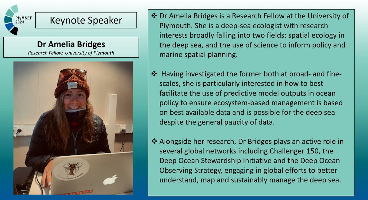 Our second keynote speaker will bring us down into the deep...sea! We can’t wait to hear from Dr <a href="/Amelia_Bridges/">Dr Amelia Bridges</a> and how her work helps inform policy. 🌊🦑

#RollingInTheDeep
#PlyMSEF2023