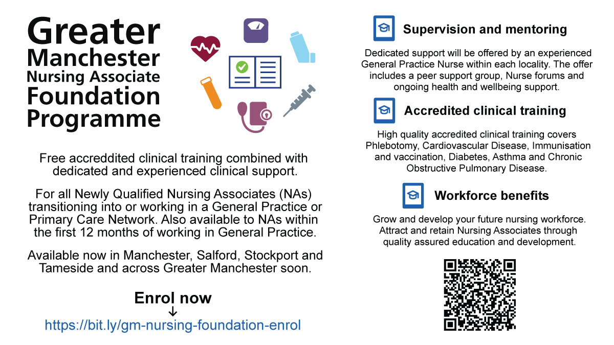 📢 Newly Qualified Nursing Associates working in General Practice in Manchester, Salford, Stockport and Tameside Enrol on free accreddited clinical training combined with dedicated clinical support 👇 bit.ly/gm-nursing-fou… @NHSHEE_NWest @SalfordUni @manchesteruni @ManMetUni