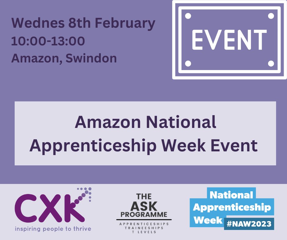 What’s on in the South this #NAW2023…
Amazon National Apprenticeship Week Event - AM Session (Swindon), Wednes 7th Feb 10am-1pm - eventbrite.co.uk/e/amazon-natio…