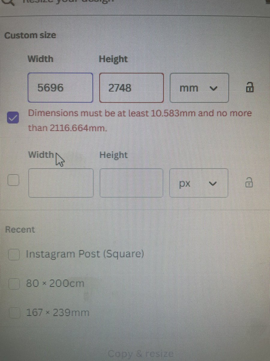 DeeByatt's tweet photo. @canva having problems with sizing of documents. Have you changed your size limit? We are not able to design large displays as we have before. Please help! https://t.co/2BjFtLAwvb