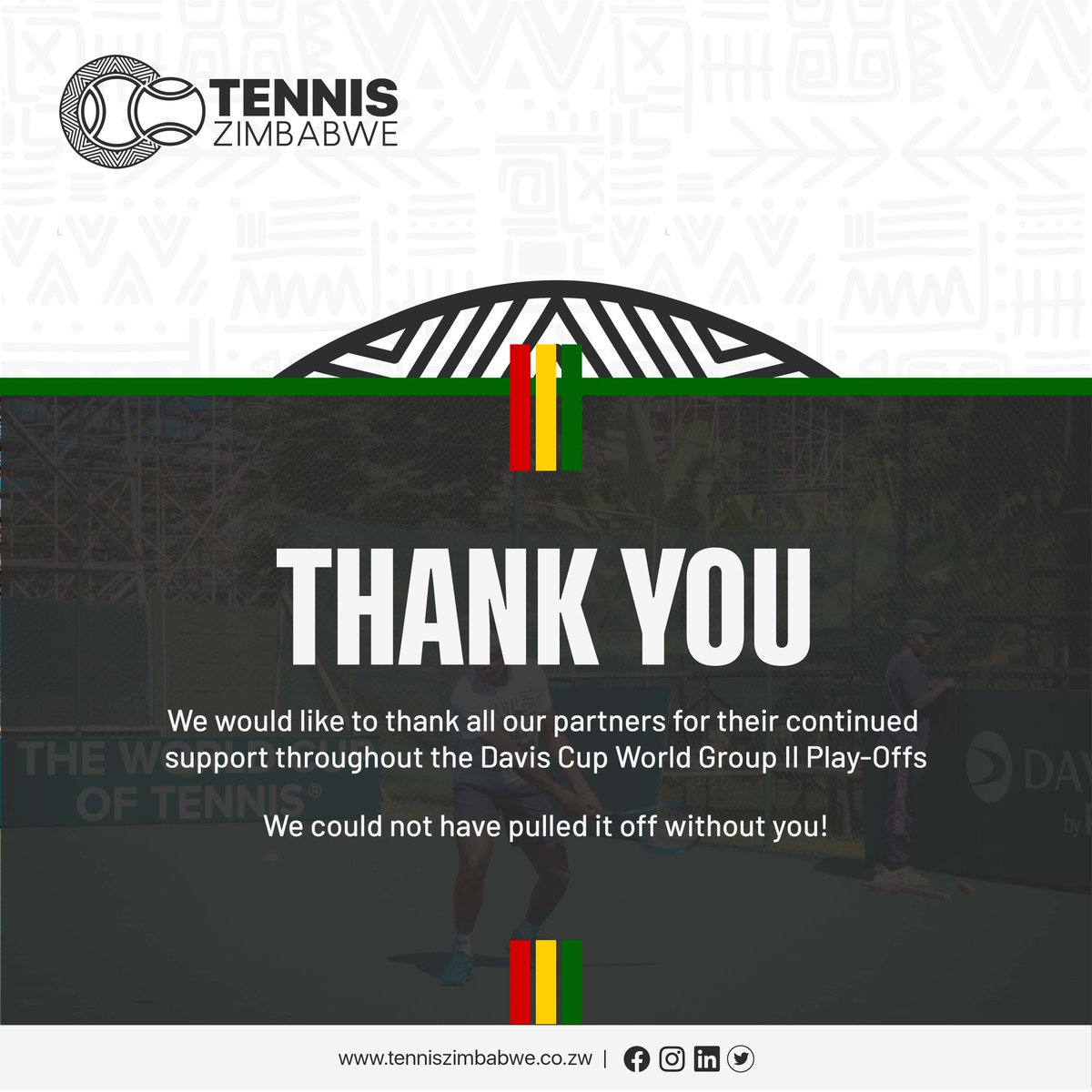 We would like to thank our partners for their continued support throughout the #DavisCup World Group II Play-offs.

<a href="/Zimoco_Zimbabwe/">ZIMOCO</a>
<a href="/StanbicBankZW/">Stanbic Bank Zimbabwe</a>
<a href="/BSiSteel/">BSi Steel Limited</a>
<a href="/econetzimbabwe/">Econet Wireless</a>
<a href="/EpicSlainMedia/">Epic Slain Media</a>
<a href="/CrestaLodgeHre/">Cresta Lodge - Harare & Sango Conference Centre</a>
<a href="/StarfmZimbabwe/">Star FM</a>
<a href="/ZBCZW/">ZBC Official</a>
<a href="/PoliceZimbabwe/">Zimbabwe Republic Police</a>
<a href="/SRCZimbabwe/">SRCZimbabwe</a>

#tenniszimbabwe🇿🇼