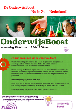 Heb jij goede ideeën? Wil je kinderen helpen? 
Voor iedereen die van onderwijs houdt, of juist niet!
Samen met jou komen we op woensdag 15 februari tot een fantastisch idee zodat álle kinderen trots kunnen blijven groeien binnen de gemeente. <a href="/ynnovate/">Ynnovate 💡</a> <a href="/CNVOnderwijs/">CNV Onderwijs</a> <a href="/schoolleiders/">CNV Schoolleiders</a>