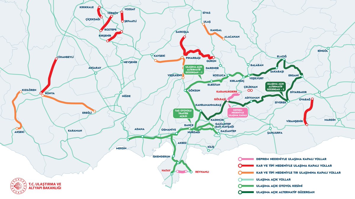 ⏯Tarih 07.02.2023, Saat 12.00 İtibarıyla Deprem ve Kar Yağışı Nedeniyle Kapanan Yollar ve Alternatif Güzergâhlar