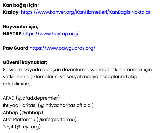 BanCoyraz's tweet photo. AFAD;  https://t.co/b49nXteCTO 
Ahbap Derneği; https://t.co/8zaAbbF5Xf
İhtiyaç Haritası;https://t.co/7LDjTWT5oz 
 https://t.co/VNSdDfW0aC
Akut; https://t.co/uHwwlBiWWX 
Kızılay; https://t.co/wW0RZqpgi0
#DEPREM #ADANA #ADIYAMAN #MALATYA #DİYARBAKIR #MARAS #HATAY #ANTEP #URFA https://t.co/rebiJE9GNH