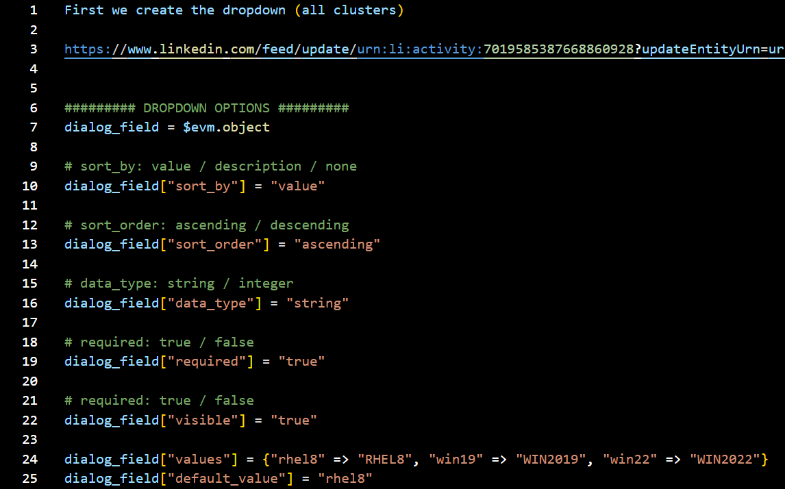 maxreig's tweet photo. Day 12!!! 
#100DaysOfCode 
#manageiq  (#ruby) --> Dropdown opttions...
💪💪💪
First we create the dropdown (all clusters)
https://t.co/QG5lxIMqwZ
#cloudforms #automation #ruby #ansible #awx #azure #cloud #onpremise #opensource #manageiq #linux #scripting #devops #barcelona https://t.co/gfE53OrNhP