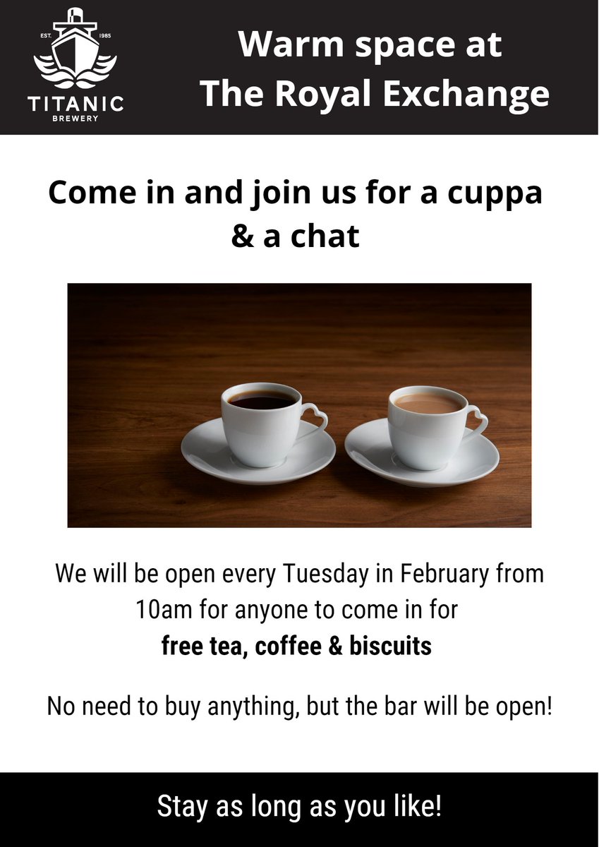 TitanicBrewers's tweet photo. Don't forget!

The Royal Exchange, Stone is open from 10am today with free tea and coffee for anyone passing by that would like to come in for a cuppa and a chat!

 #warmspace https://t.co/K4UMSWEkul