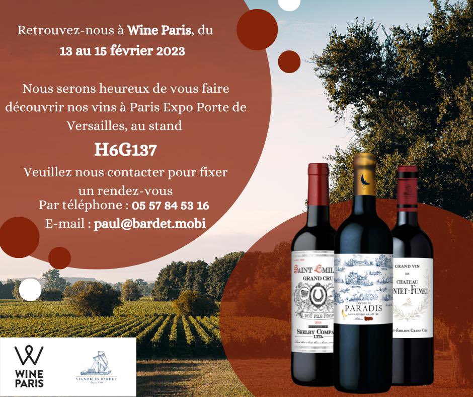 Nous sommes ravis de vous annoncer notre participation à l'évènement Wine Paris la semaine prochaine. 

📍 Lieu : Paris Expo, Porte de Versailles, 75015 Paris – France

📅 Dates : Du Lundi 13 Février au Mercredi 15 Février 2023

🍷 Stand : 𝗛𝟲𝗚𝟭𝟯𝟳

#wineparis #vin