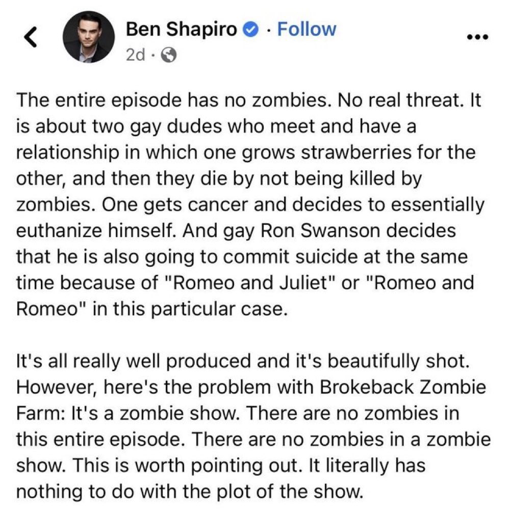 i can’t stop imagining ben shapiro sitting down to watch his fave show on a sunday night. phone off, feet up, big bowl of popcorn and then just going “no…no…NOOOOOOO”