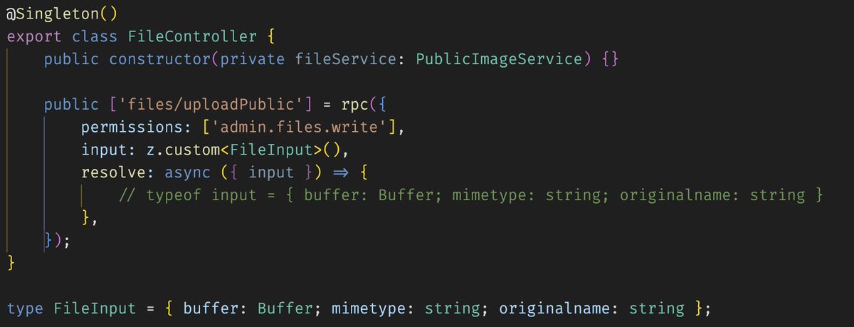 ser_alexeev's tweet photo. @alexdotjs We thought about it but ended up with a better solution. As an input `z.custom<FileInput>()` is used to make all the existing inference work.  The runtime transformations are being done on the client side using `input instanceof File` and checking headers on the server side. https://t.co/i9wnQ8iKZh