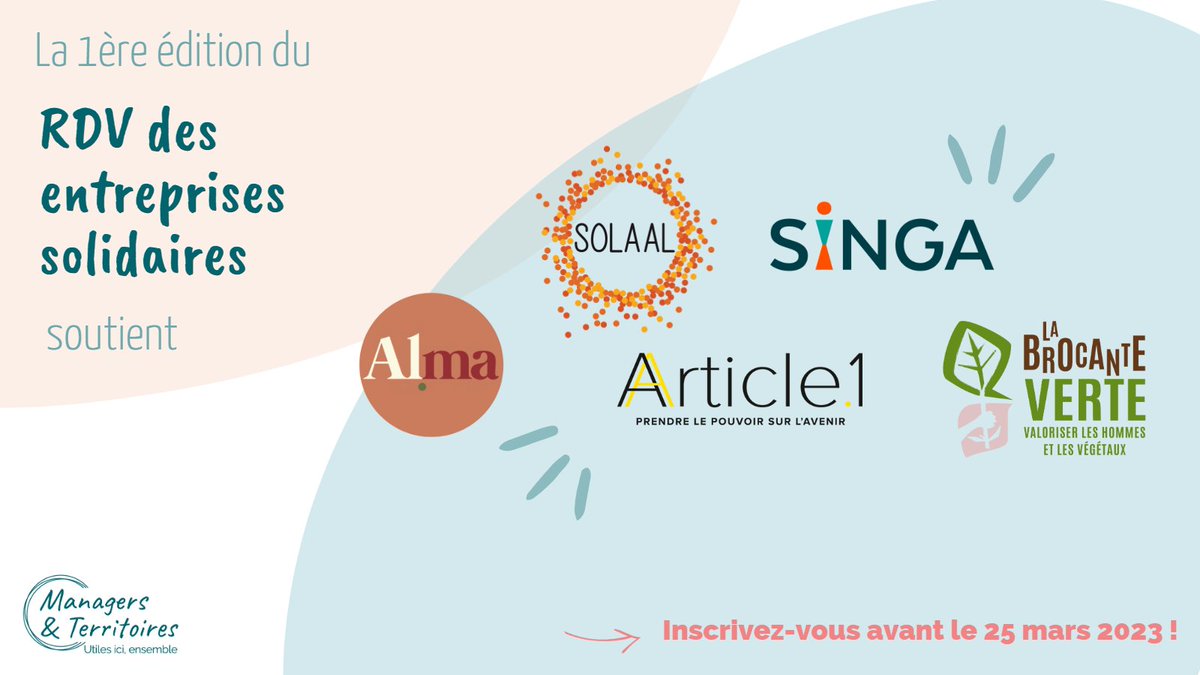 M_et_T's tweet photo. 📣 RDV des entreprises solidaires | 3 avril 2023

Alma (Fair.e Restaurant), @SINGA_FRANCE, La Brocante verte, @article_un et @Solaal_PdL sont les 5 asso' soutenues✨
🤝Venez les rencontrer et les soutenir !

@RESEAU_GERME @ApecPDL @audencia 

S'inscrire : https://t.co/QAfkOoyBF3 https://t.co/w340Wn0ztr