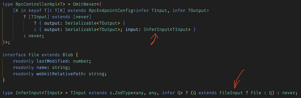 ser_alexeev's tweet photo. @alexdotjs We thought about it but ended up with a better solution. As an input `z.custom<FileInput>()` is used to make all the existing inference work.  The runtime transformations are being done on the client side using `input instanceof File` and checking headers on the server side. https://t.co/i9wnQ8iKZh