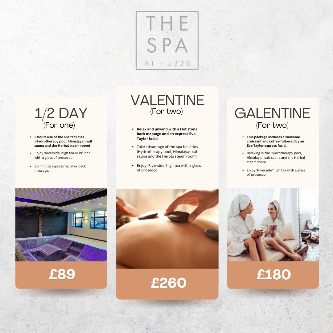 We have some limited spa packages available in February... 🙌 
Perfect for treating your loved ones ❤️

View all our packages here
hub26.uk/spa-packages

#Spapackages #Spa #Valentine #Hub26 #Fit26