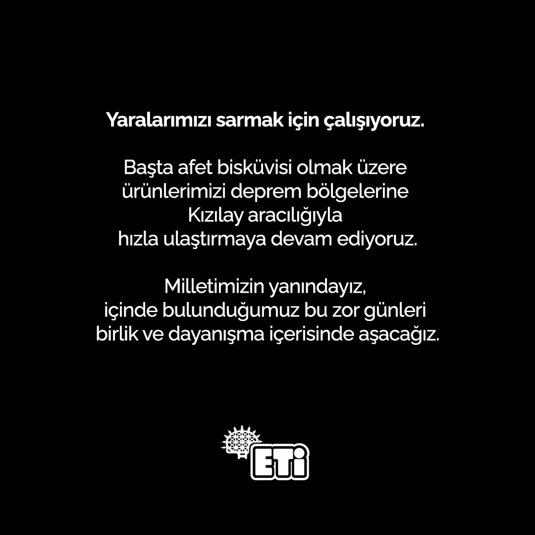eti's tweet photo. Yaralarımızı sarmak için çalışıyoruz.

Başta afet bisküvisi olmak üzere ürünlerimizi deprem bölgelerine Kızılay aracılığıyla hızla ulaştırmaya devam ediyoruz.

Milletimizin yanındayız, içinde bulunduğumuz bu zor günleri birlik ve dayanışma içerisinde aşacağız. #GeçmişOlsunTürkiye https://t.co/lbTdgyOdlC