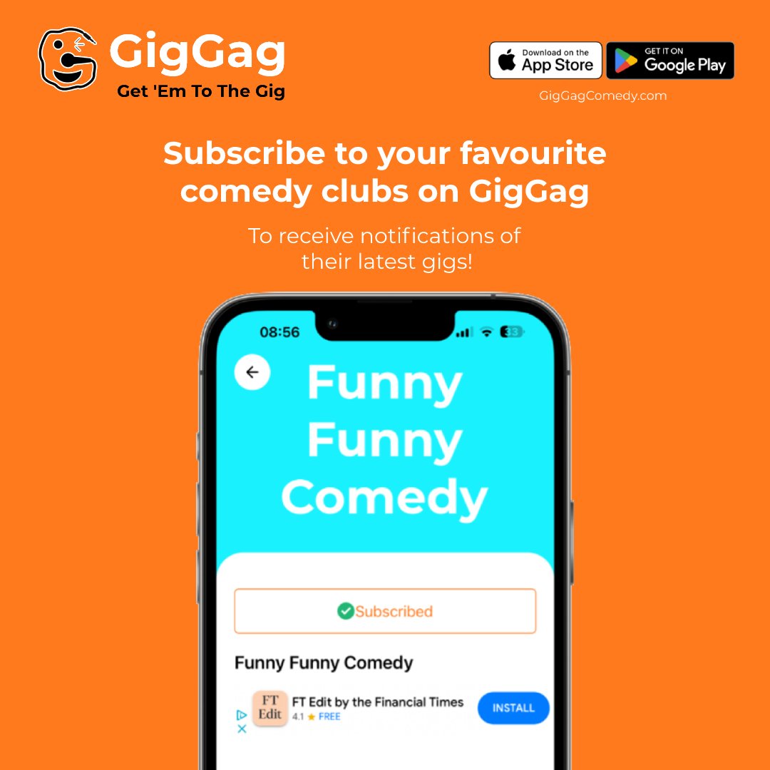 Subscribe to your favourite comedy clubs on GigGag to receive notifications of 
their latest gigs!

#GigGag #App #StandupComedy #Standup #Comedy #LondonComedy #OpenMic #Funny #Laugh #iOS #Android #Subscribe