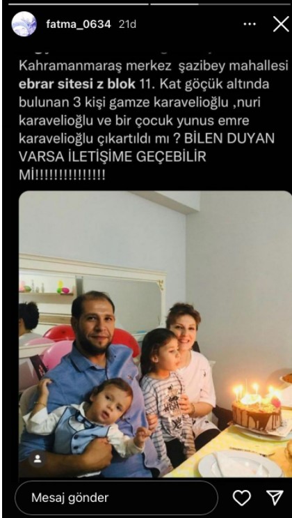mubarekhayri's tweet photo. @ahbap @OguzhanUgur @sjw_erlik @karahanli Kahramanmaraş Şazibey Mahallesi, Ebrar Sitesi Z blok 11.kat, Gamze ve Nuri Karavelioğlu ve çocukları Yunus Emre Karavellioğlu'ndan haber alınamıyor. Lütfen yardım edin https://t.co/C9eVUGTqGd
