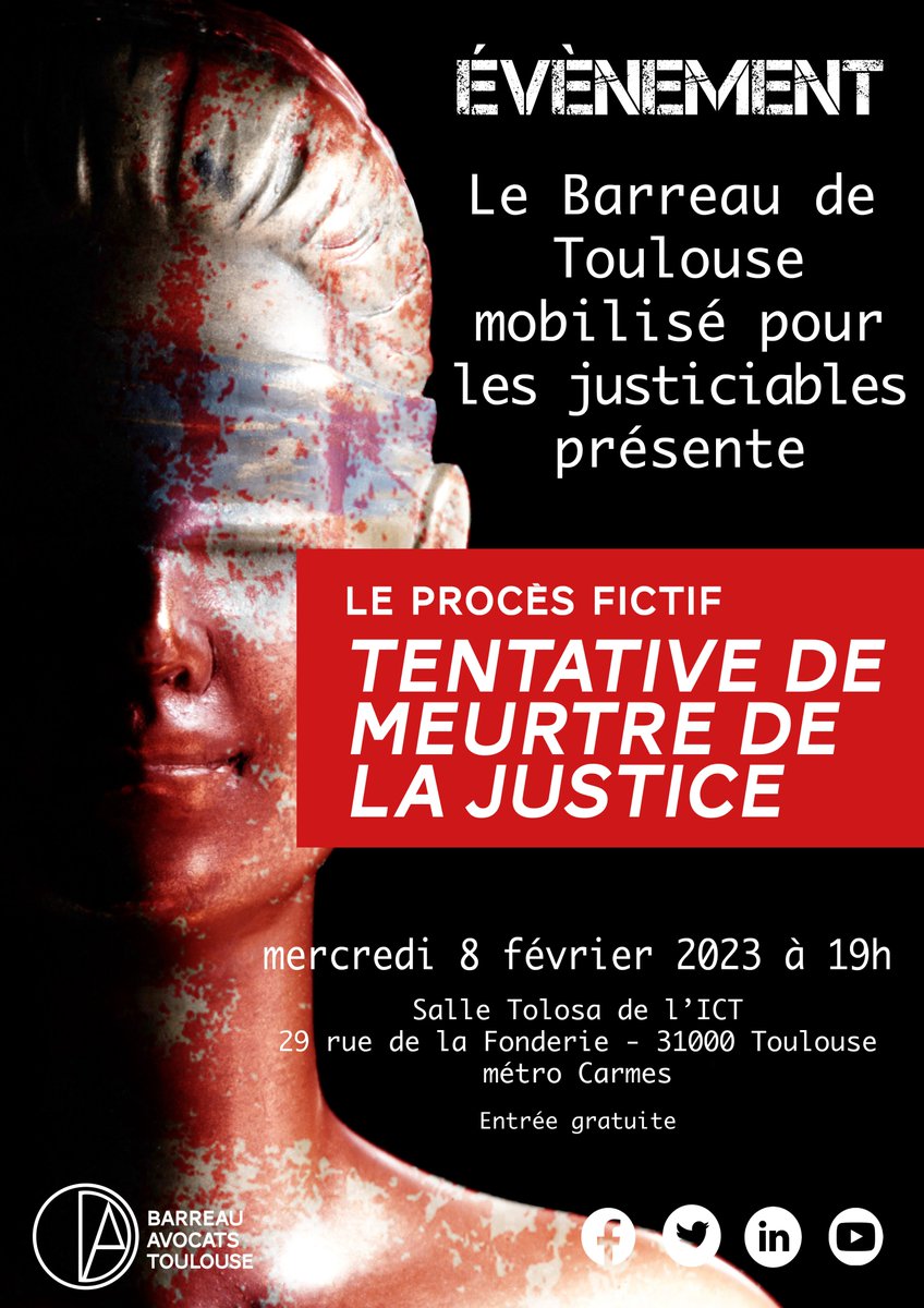 BarreauToulouse's tweet photo. J-1 – Procès fictif « Tentative de meurtre de la justice »
Un procès fictif avec des cas concrets aux impacts réels dans le quotidien des toulousains.
📅 8/02 à 19h
📍 Salle Tolosa de l’ICT – entrée libre et gratuite
🎦En direct : https://t.co/aXxwZ5uGHl https://t.co/ZLiqPSCLYr