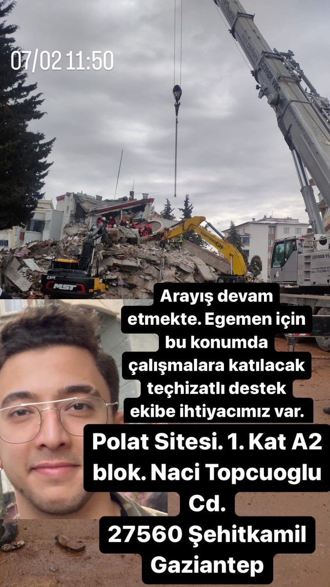 #egemenkalkancıhayatta dayan kardeşim destek ekipleri arayışı içindeyiz saatlerdir çalışmalar sürüyor
<a href="/AFADGaziantep/">AFAD Gaziantep</a> <a href="/gantepvaliligi/">Gaziantep Valiliği</a> <a href="/DepremDairesi/">AFAD Deprem</a>