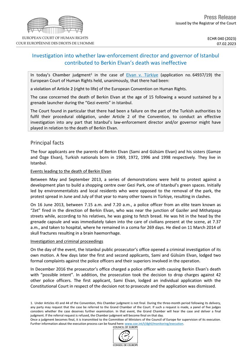 Judgment Elvan v. Türkiye - Death of 15-year-old Berkin Elvan during the Gezi riots (Istanbul)
hudoc.echr.coe.int/app/conversion…
#ECHR #CEDH #ECHRpress