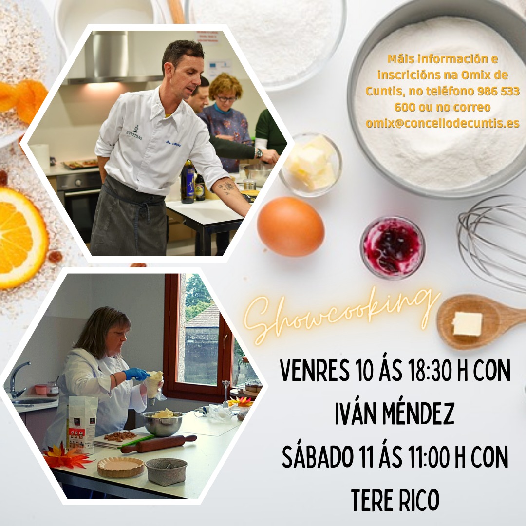 👩‍🍳👨‍🍳 Showcooking na Casa do Médico 

🥩🥬 Venres 10 ás 18:30 horas "Exquisiteces salgadas do lacón" con Iván Méndez 

🥞🌰 Sábado 11 ás 11:00 horas "Exquisiteces doces do lacón" con Tere Rico

ℹ️ Info e inscricións <a href="/OMIX_Cuntis/">Cultura e Xuventude</a> no 986 533 600 ou no correo omix@concellodecuntis.es